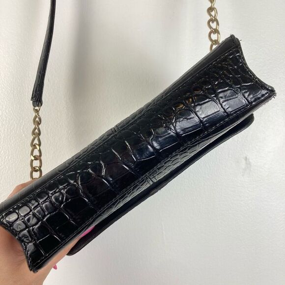 Vintage Y2K Mini Satchel Shoulder Bag Black Alligator Print Brass Chain Vegan - Picture 3 of 11